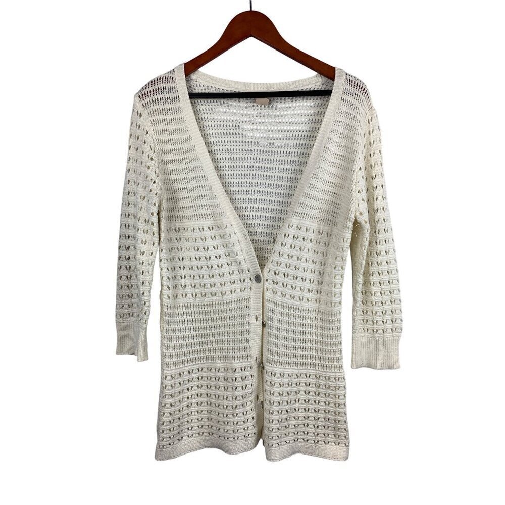 DKNY Jeans Womens Open Knit Cardigan Sweater S White Cotton Acrylic